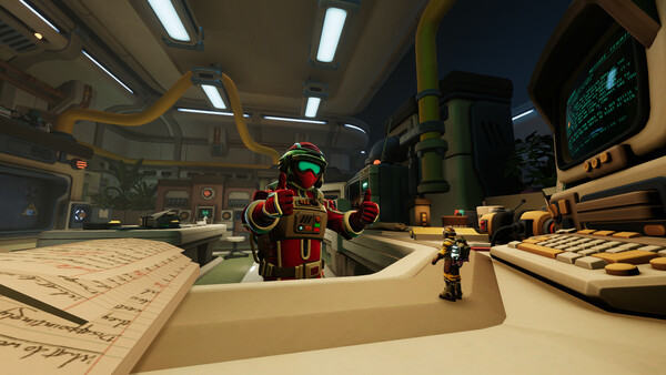 An Explorer beside oversized laboratory equipment
