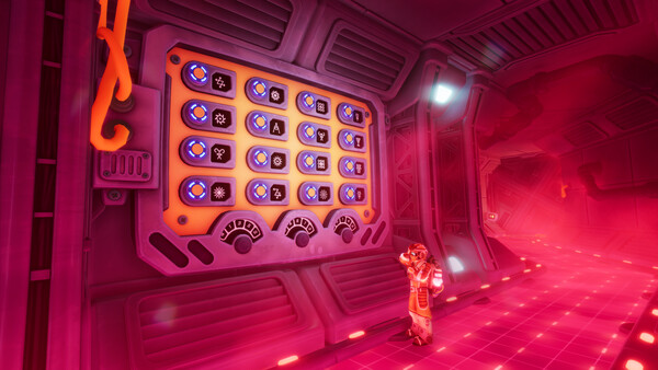 An illuminated control panel inside the facility